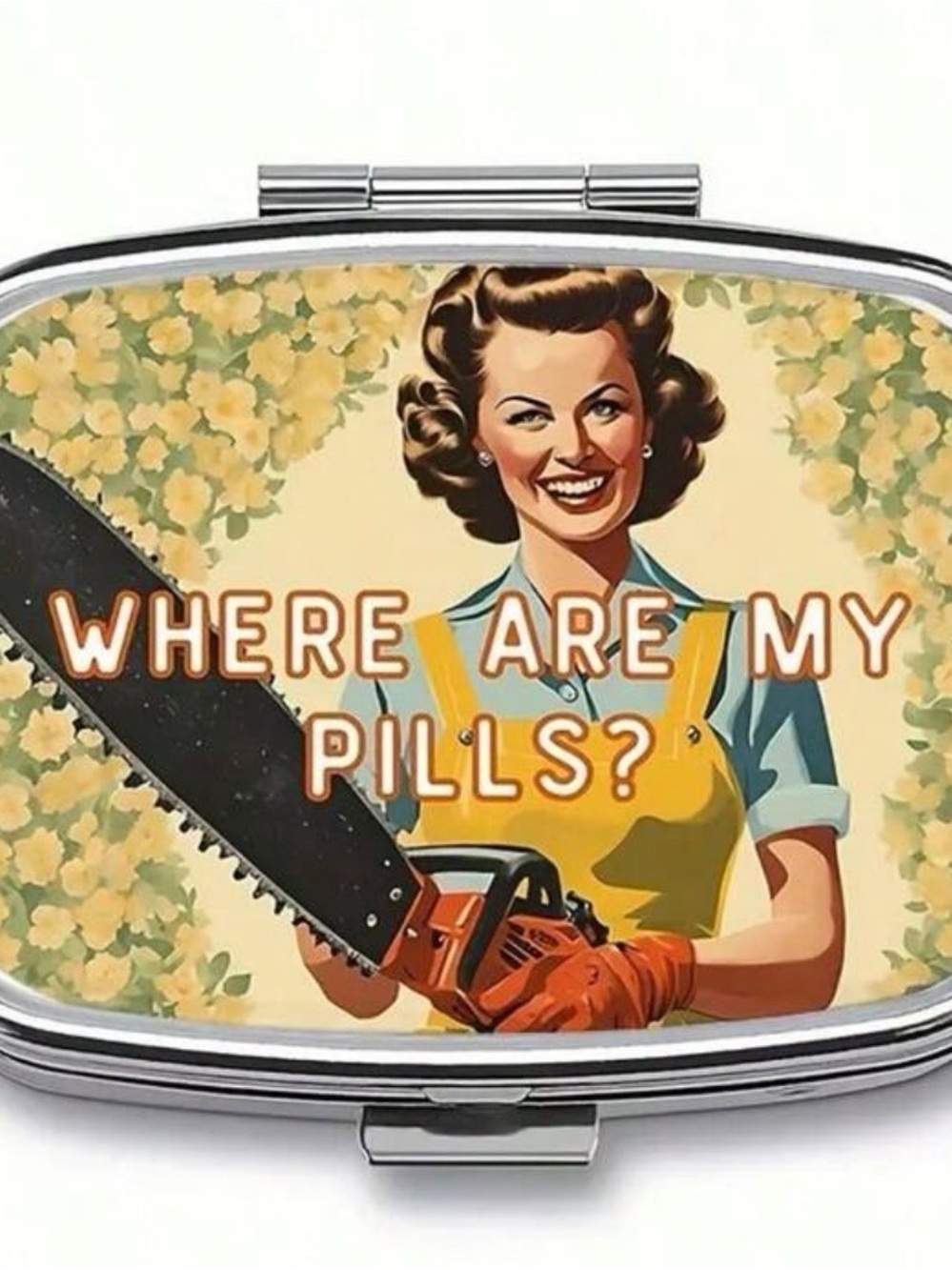 Retro 'Where Are My Pills?' Metal Home Art Plaque in Yellow and Cream